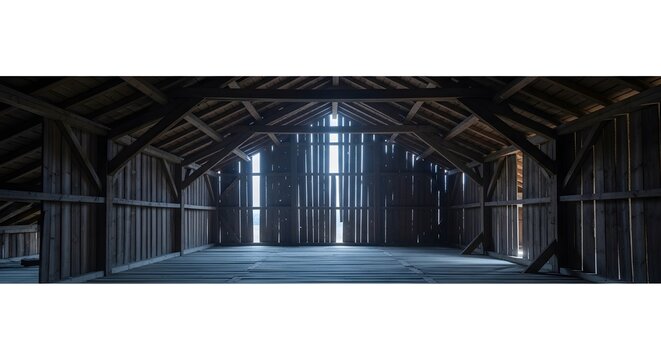 Dramatic light streams through rustic wooden barn interior, creating a captivating scene for farms, rural life, and architectural history projects