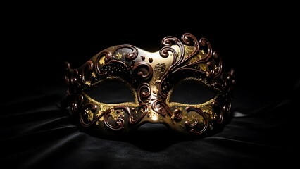 Ornate Venetian mask with gold and brown embellishments on black silk masquerade decorative