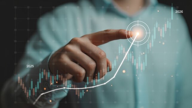 Individual interacts with digital projection showing positive financial growth trajectory toward a future milestone