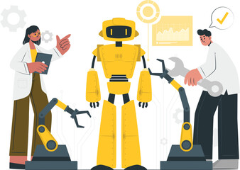 Robotics Team Assembling a Yellow Robot with Tools and Chart in a Tech-Focused Environment