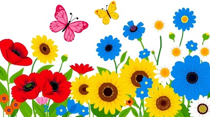 Vibrant field of wildflowers with colorful butterflies in bloom