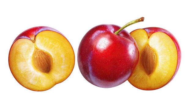 Red plum cut in half revealing bright yellow flesh and pit