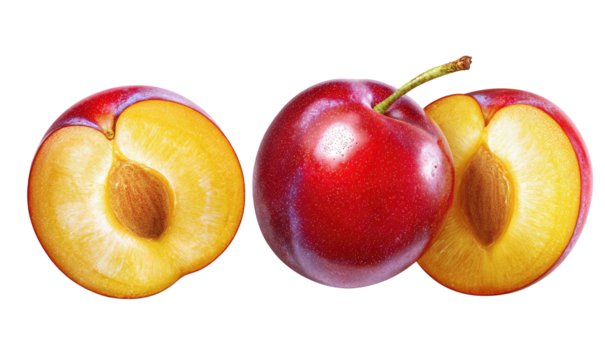 Red plum cut in half revealing bright yellow flesh and pit