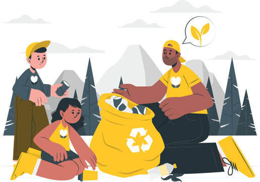 Community volunteers collecting trash for recycling in nature