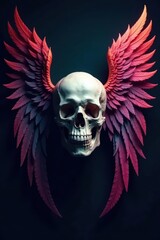 Dark background, skull with feathered angel wings , heaven, monochrome
