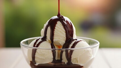 Vanilla ice cream scoops in a glass bowl with chocolate syrup being poured dessert sweet