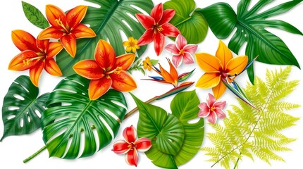 Obraz premium Vibrant tropical flowers and lush green leaves arrangement