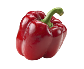 A single, glossy red bell pepper with a bright green stem