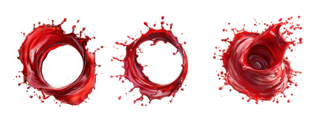 Dynamic red liquid splashes creating abstract circular patterns and swirls, isolated on transparent background