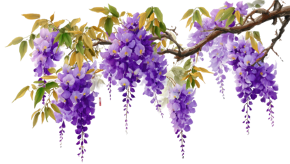 Cascading purple blossoms on a tree branch with green leaves