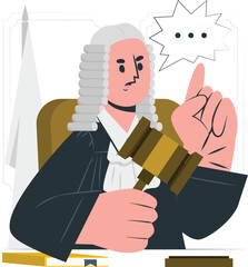 Judge in wig and robe holding gavel, pointing, white