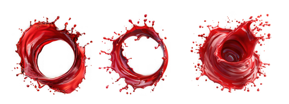 Dynamic red liquid splashes creating abstract circular patterns and swirls, isolated on transparent background