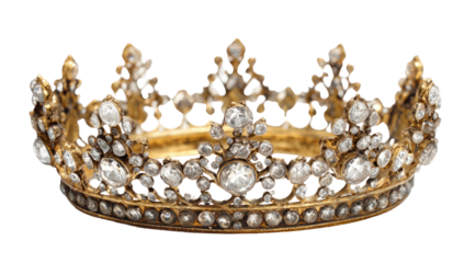 Ornate golden crown adorned with numerous sparkling white gemstones