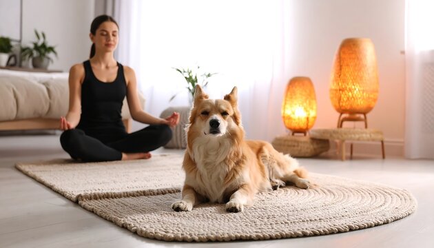 Woman and dog in yoga pose