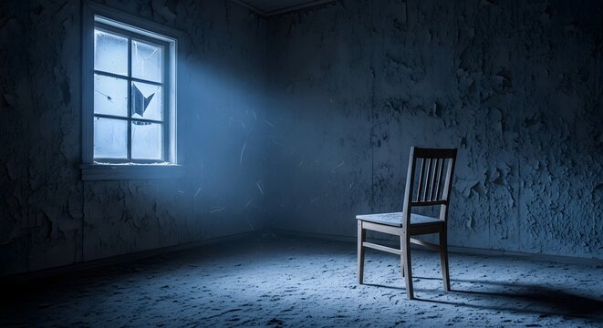 Eerie chair bathed in moonlight with cracked window in abandoned room, perfect for suspenseful storytelling, mystery, or horror themes, evoking chilling atmosphere