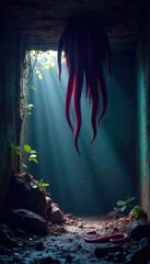 Dark, dripping tentacles hanging from ceiling, creature, grotesque, dark