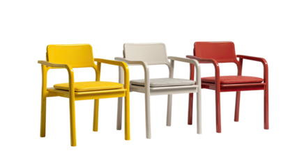 Three modern armchairs in yellow, white, and red