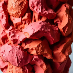 This image is a close-up, textured abstract composition of numerous crumpled pieces of what appears to be pinkish-red fabric, paper, or clay. The irregular forms and deep folds create a sense of depth