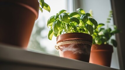 Fresh green basil plants in terracotta pots on a sunlit windowsill, healthy herbs growing indoors, culinary plants in natural light, vibrant garden at home, natural greenery