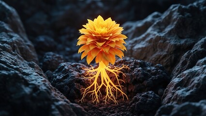Glowing vibrant yellow plant with extensive root system emerging from dark cracked earth, surreal growth power concept