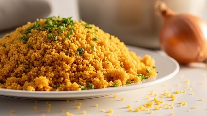 Golden couscous dish on white plate garnished with fresh green chives, savory grains food, healthy meal presentation, cooking culinary ingredient preparation