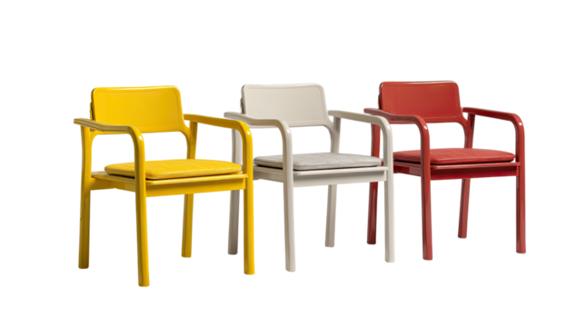 Three modern armchairs in yellow, white, and red