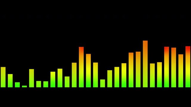 Graphic waveform oscillation. Colored equalizer interface. Audio recording of a conversation, voice, or music. Animated video of a design element