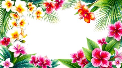 Obraz premium Vibrant tropical flower border with green leaves and pine needles