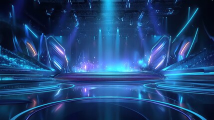 Modern illuminated stage with vibrant blue lights