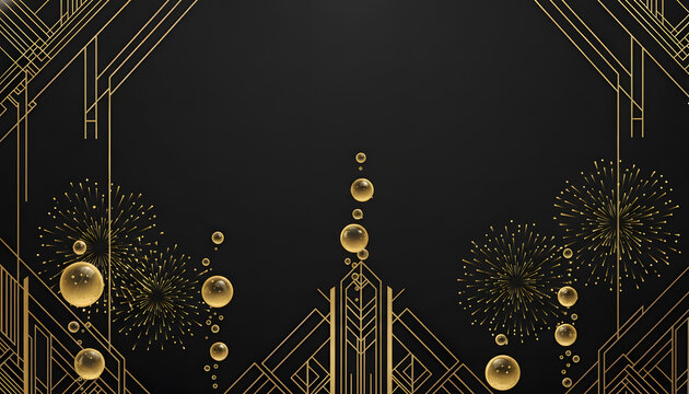 Elegant Art Deco New Year Background with Gold Champagne Bubbles and Fireworks
