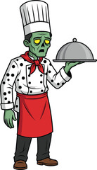 Zombie chef cartoon — green-skinned undead cook in white uniform with serving tray, sad expression, horror-meets-kitchen humor concept