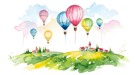 Obraz premium Watercolor Hot Air Balloons over Village