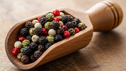 Mixed peppercorns in a wooden scoop on a rustic surface