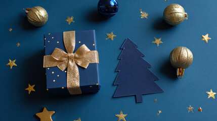 Joyful Christmas gift box with gold bow, tree cutout, star, and ornament on blue background. festive holiday celebration concept