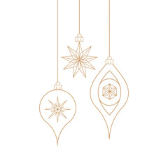 Isolated gold geometric Christmas ornaments vector set; Elegant luxury hanging decorations snowflake stars; Holiday element design illustration