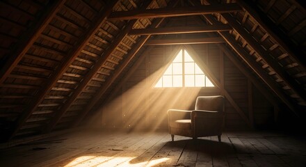 Sunlight streaming through attic window, creating a serene, nostalgic atmosphere with a cozy armchair perfect for a personal retreat or quiet contemplation