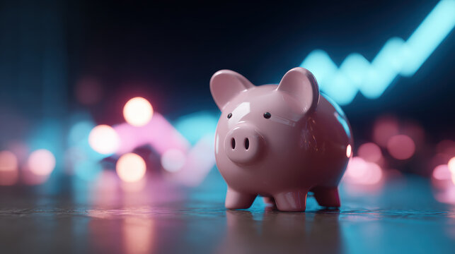 Hopeful pink piggy bank for savings and investment, with glowing neon digital chart showing financial growth, success, and future planning - Powered by Adobe