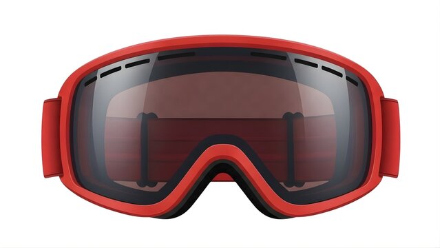 Red ski goggles with dark lens for winter sports and snow activities, isolated on white background