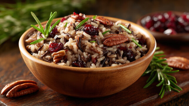 Delicious vibrant wild rice salad with cranberry and pecan in rustic wooden bowl. Healthy hearty grain dish perfect side for festive meal - Powered by Adobe