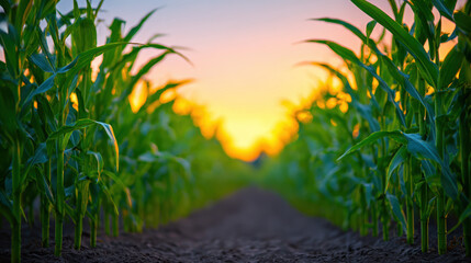 Peaceful young cornfield with green plant growth in straight row. Warm golden light from sun bathes farm field in serene glow
