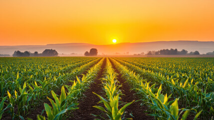 Serene cornfield with young green corn in straight rows at sunrise. Warm golden light from sun bathes farm landscape and rural field