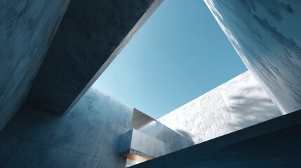 Hopeful view of an open blue sky from an abstract architectural space with concrete walls. minimalist design with strong geometric lines