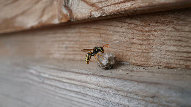 Industrious yellow and black paper wasp insect building small nest on brown wood background. closeup macro view of wildlife at work