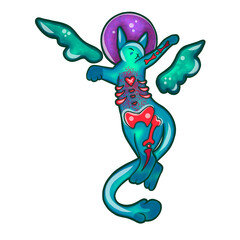 Gothic Sci-Fi Illustration of Cat Anatomy with Wings and Purple Halo