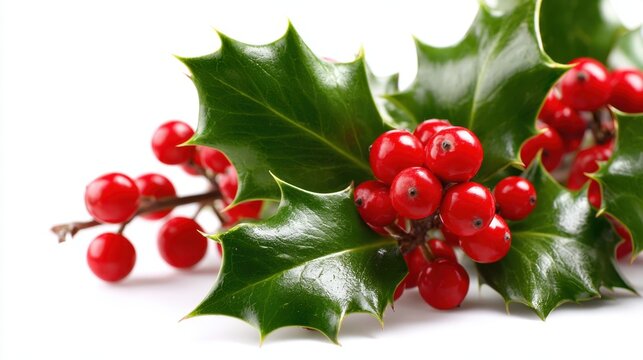 A close view of holly branches featuring vibrant red berries and shiny green leaves against a white background symbolizing winter and holiday seasons.