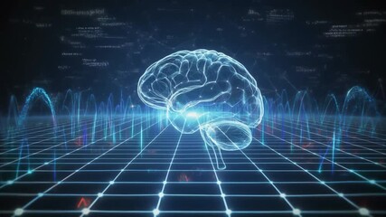 Futuristic Digital Brain Hologram with Blue Grid and Waveforms Representing Neural Network Activity technology - Powered by Adobe