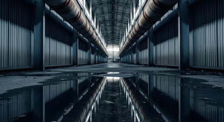 Industrial hall with rusted pipes and water reflection for gritty urban exploration or abandoned factory vibes, perfect for dystopian or post-apocalyptic scenarios