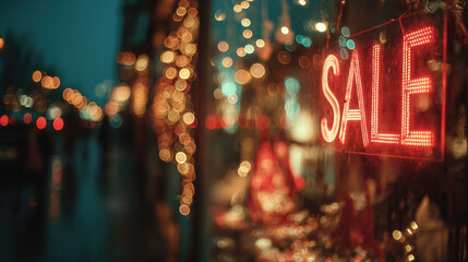 Glowing red sale sign in store window at night creates an inviting mood. warm light and bokeh background evoke festive shopping feel