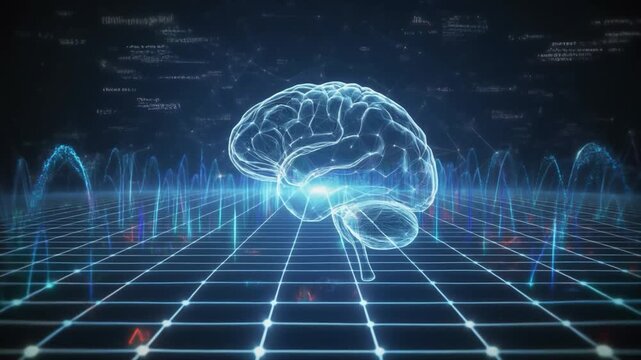 Futuristic Digital Brain Hologram with Blue Grid and Waveforms Representing Neural Network Activity technology