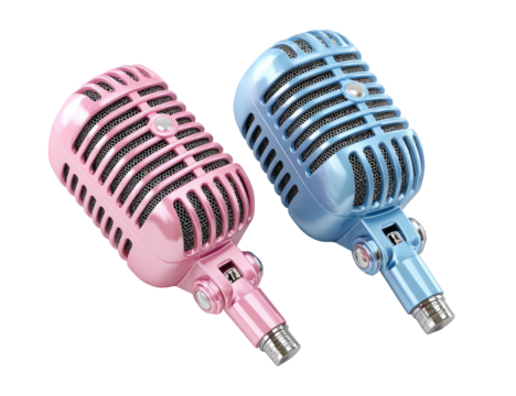 Two retro microphones, one pink, one blue, on a black background